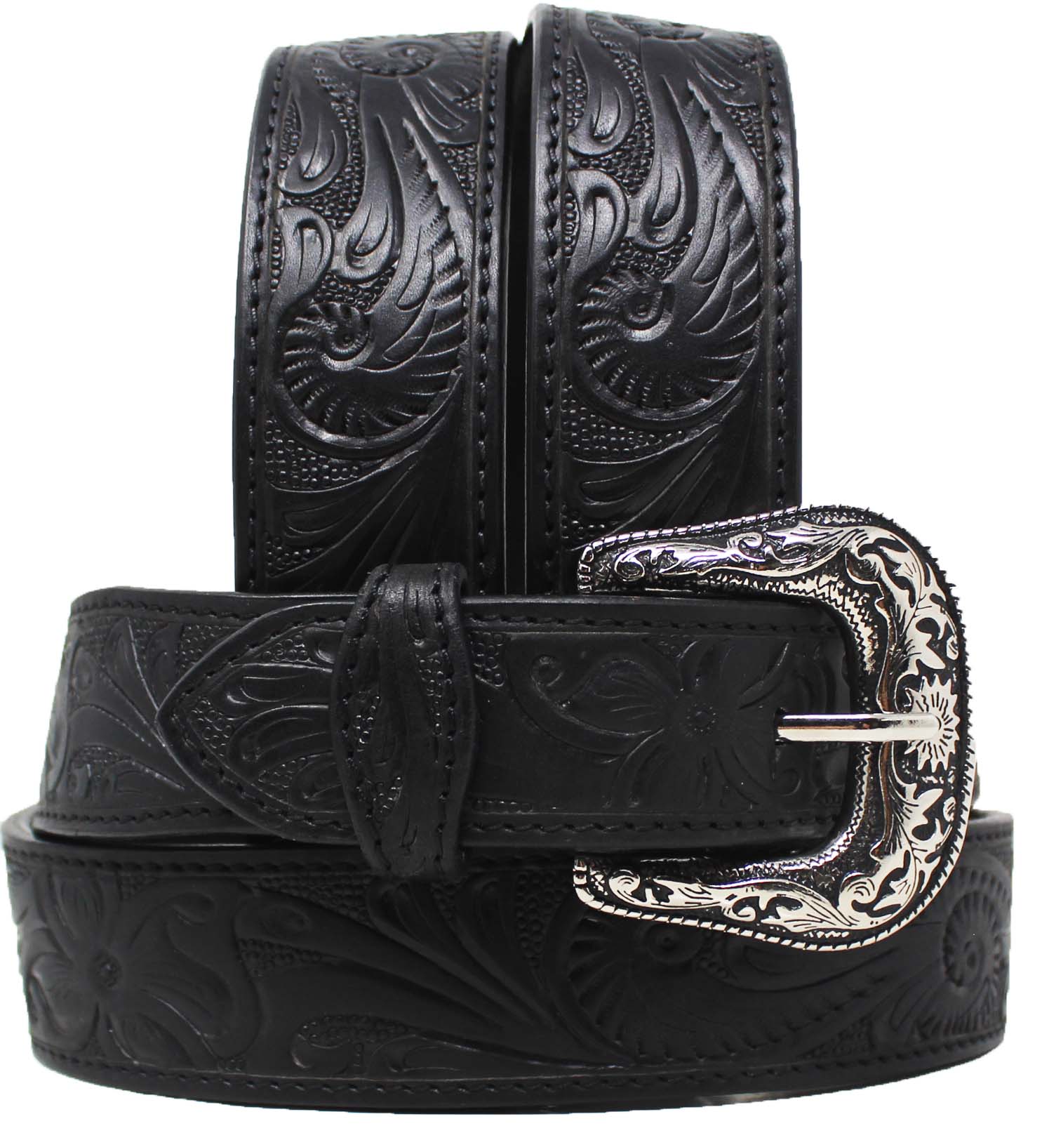 Western 1-3/4" Tapered Floral Tooled Full-Grain Black Leather Belt 26RS08T