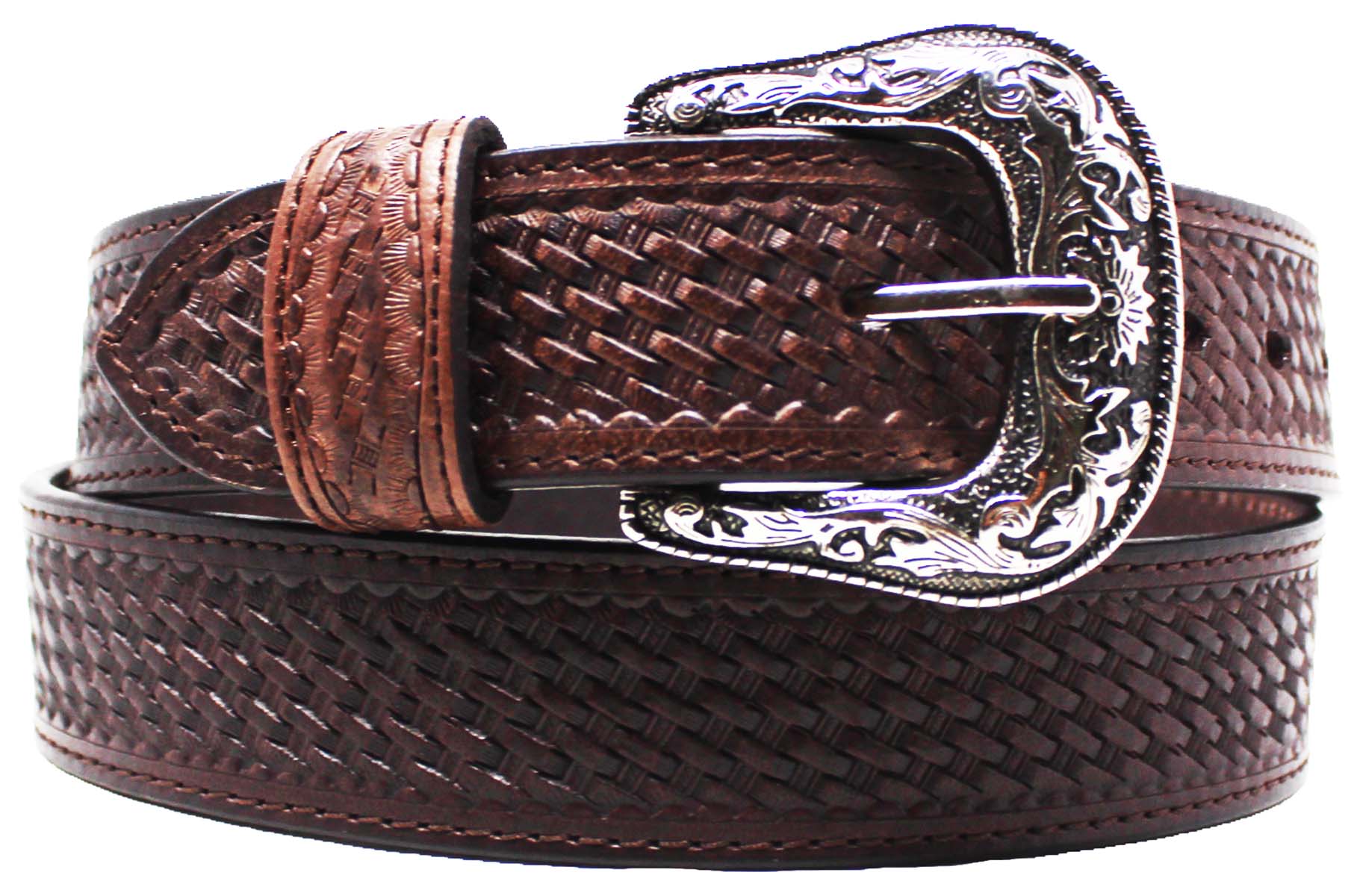 Western 1-3/4" Tapered Basket Weave Full-Grain Brown Leather Belt 26RS09T - Picture 3 of 45