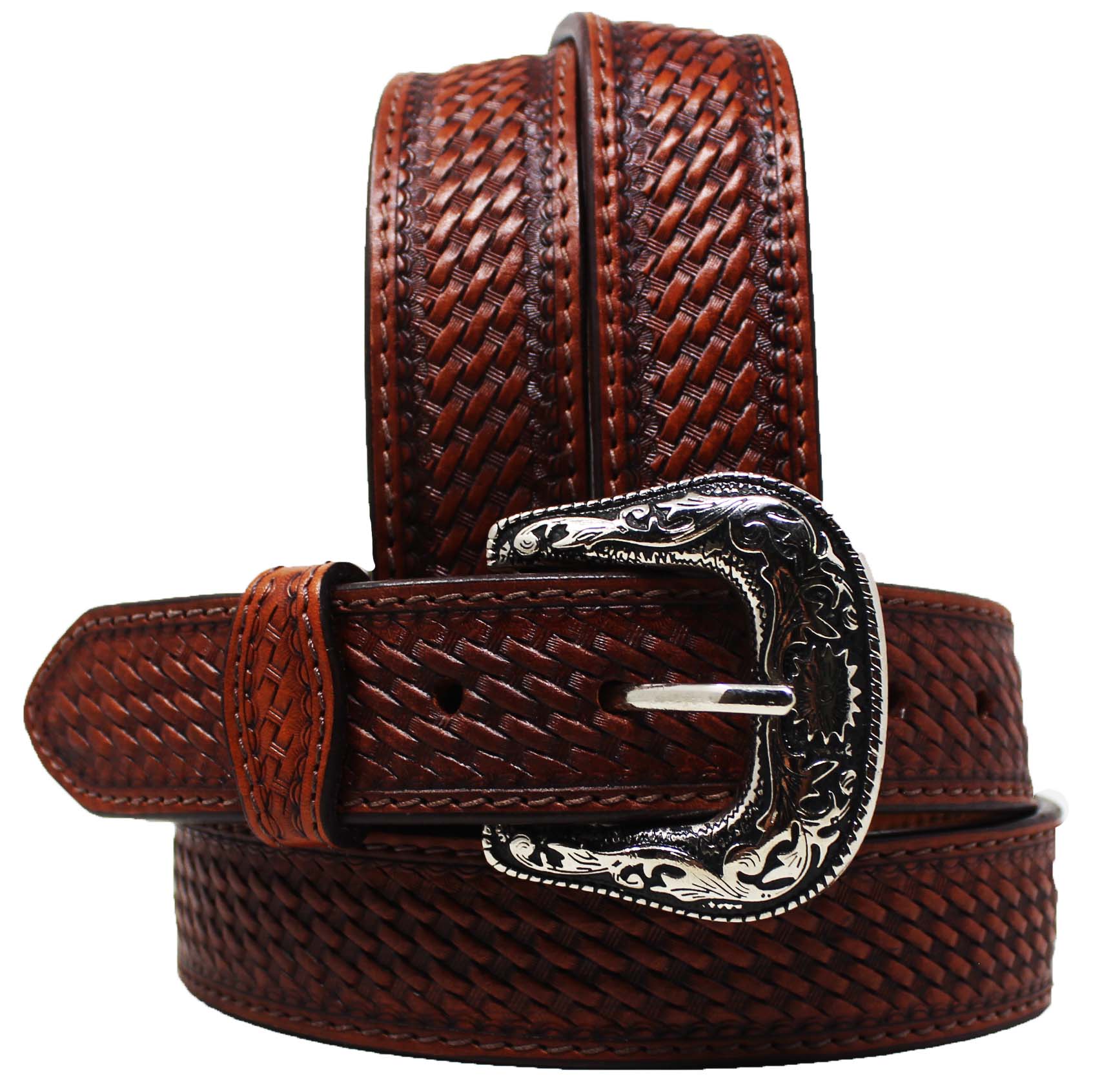 Western 1-3/4" Tapered Basket Weave Full-Grain Brown Leather Belt 26RS09T - Picture 2 of 45