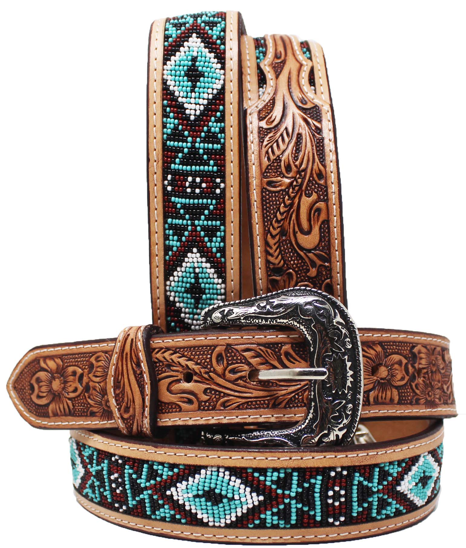 Genuine Full Grain Leather Western Belt with Hand Tooled Beaded Inlay prod_21315934204?src=http://  main image 3