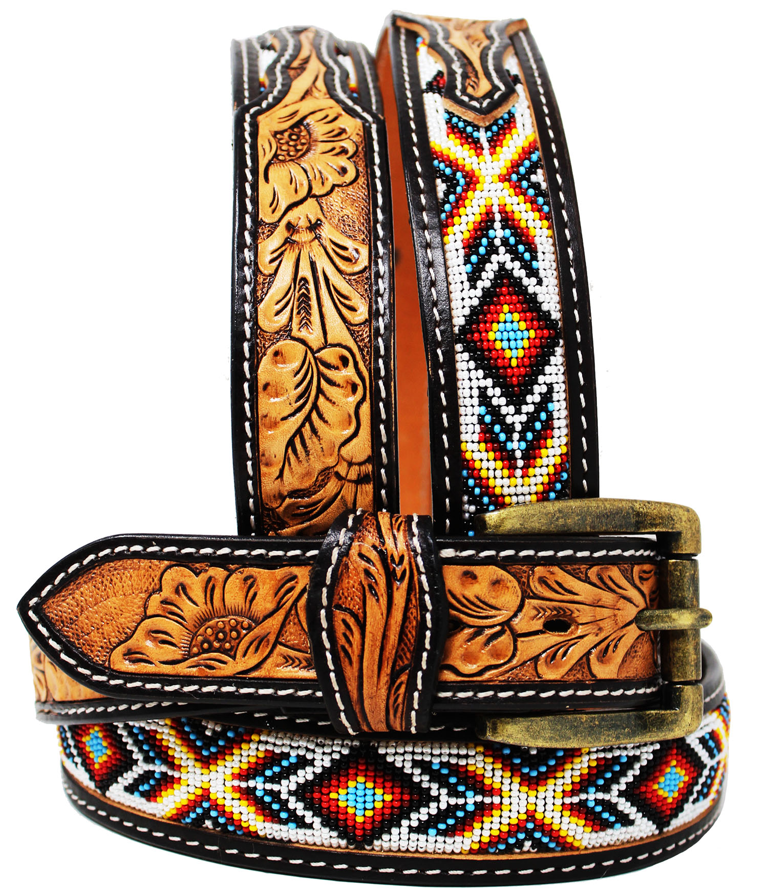 Cinturón Unisex 1.5" Western Floral Tooled Cuentas Grano Completo Cuero 26RT25 - Imagen 10 de 13