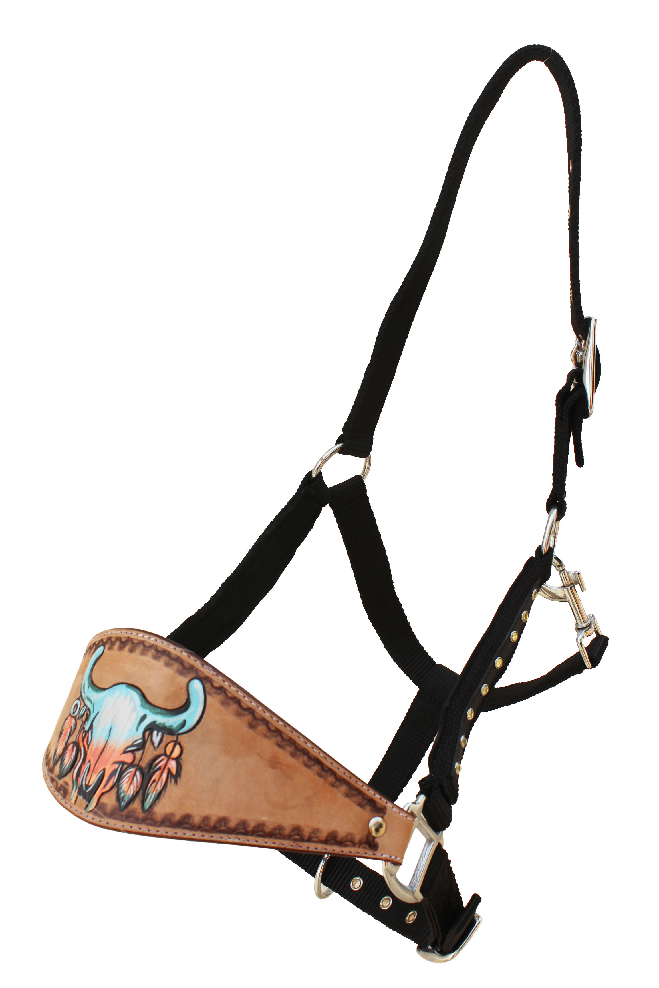 Western Horse Bronc Halter Turquoise Nylon with Fancy Tooled Leather Nose Band