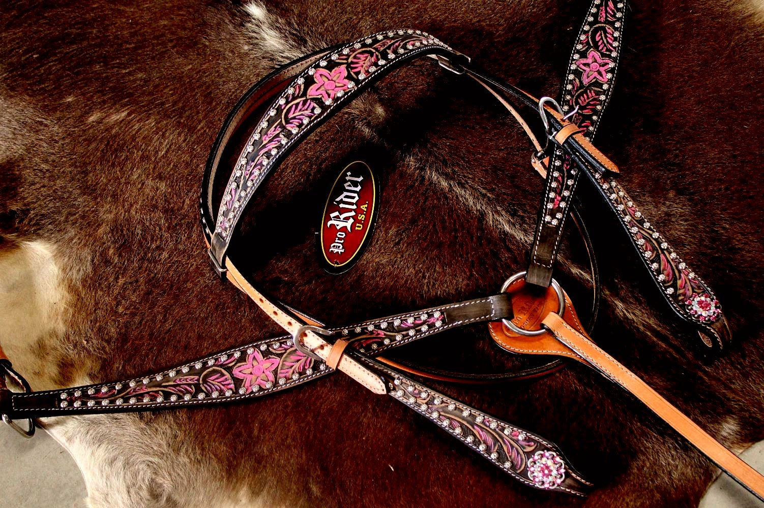 Horse Western Riding Leather Bridle Headstall Breast Collar Tack Pink Rodeo 7680 - Picture 2 of 4