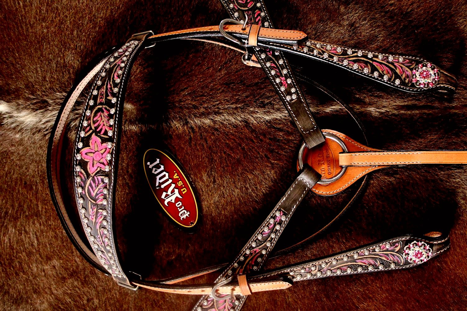 Horse Western Riding Leather Bridle Headstall Breast Collar Tack Pink Rodeo 7680 - Picture 3 of 4