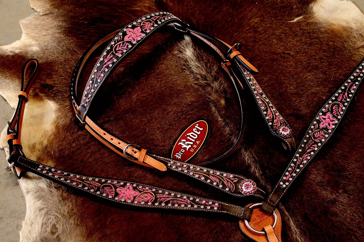 Horse Western Riding Leather Bridle Headstall Breast Collar Tack Pink Rodeo 7680 - Picture 1 of 4