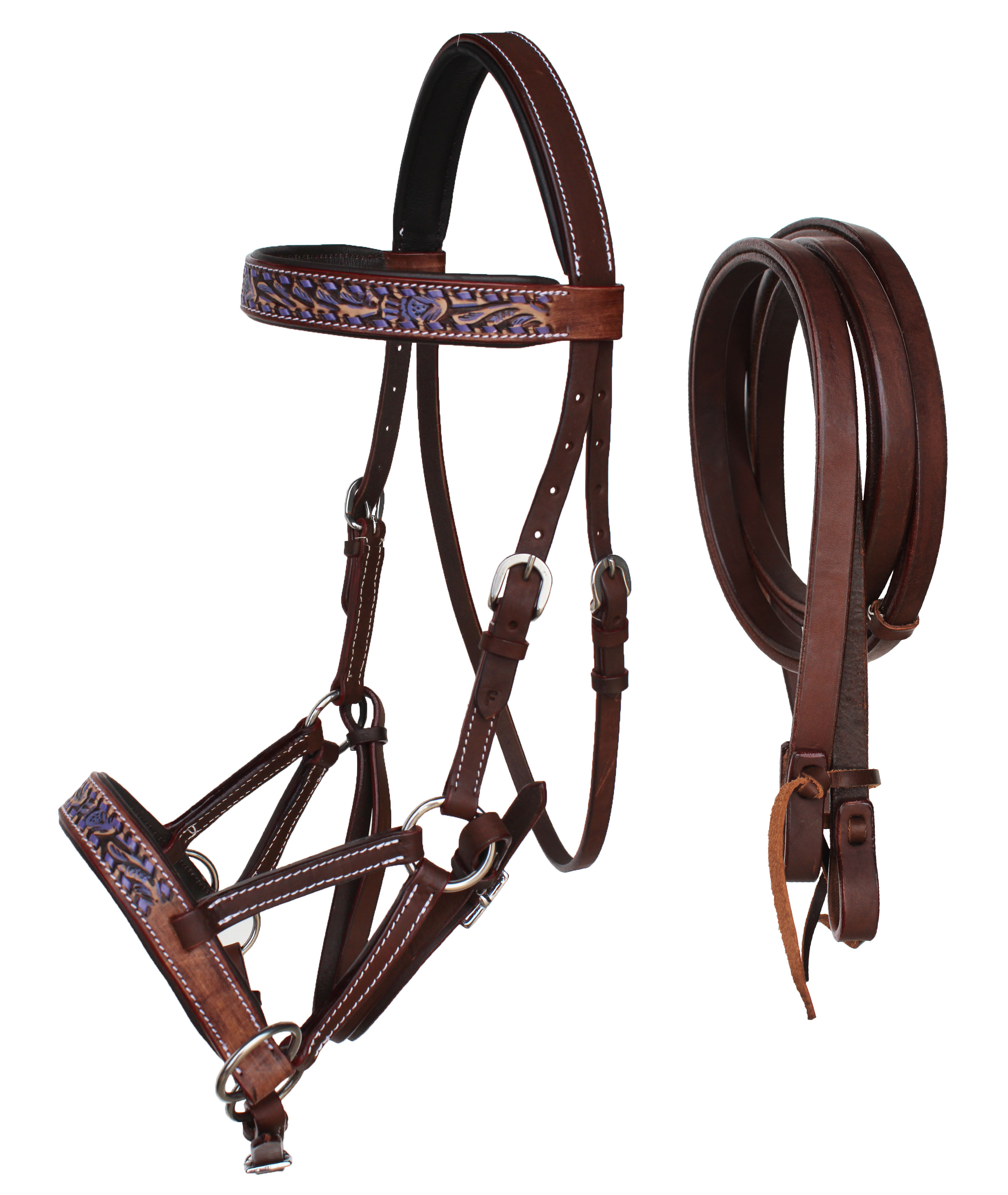 Horse Western Leather Bitless Sidepull Beaded Bridle Reins 77RT25 