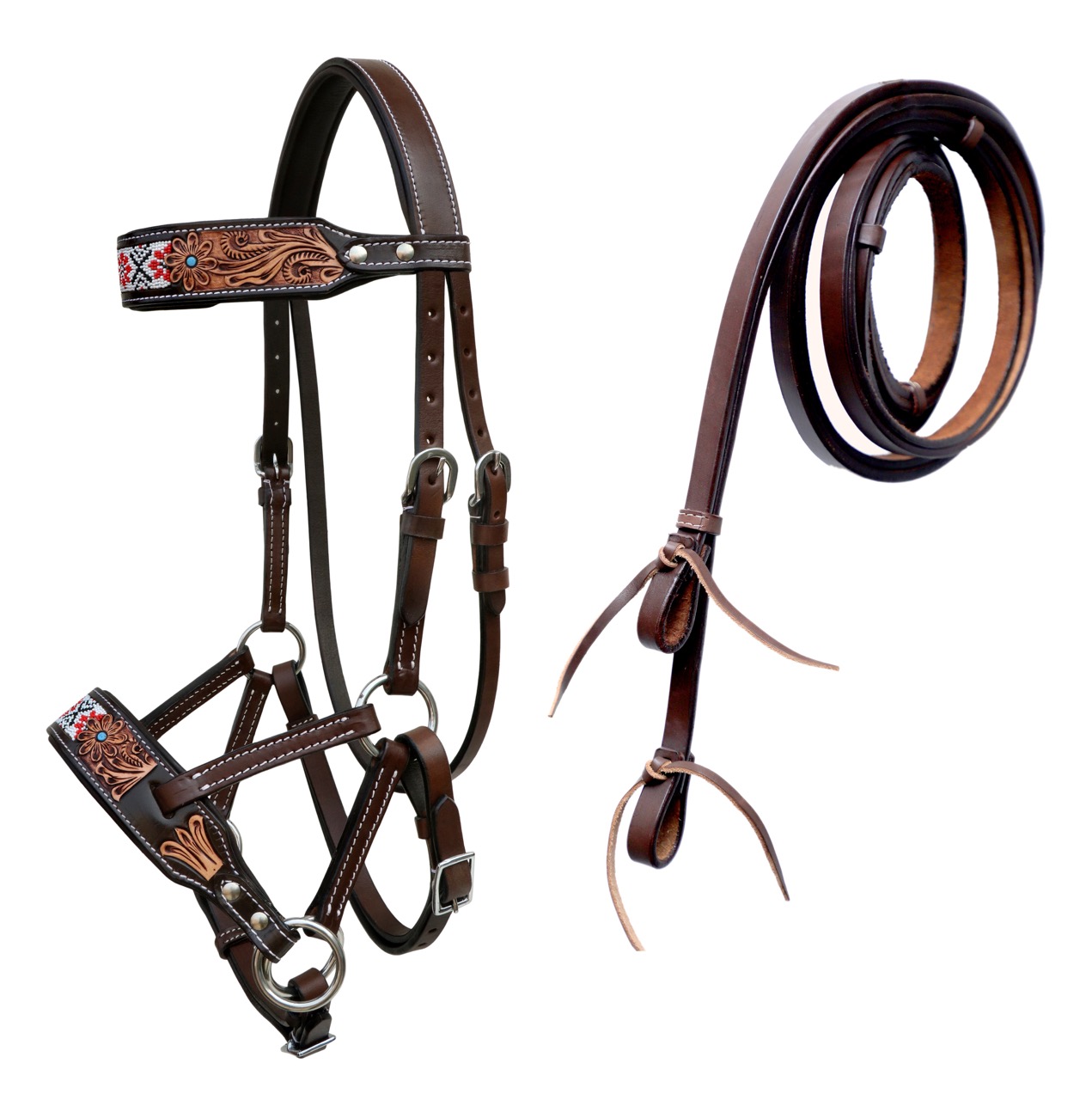 Pferd Western hellbraun Leder gepolstert gebisslos Training Sidepull Trense Zügel - Bild 21 von 48