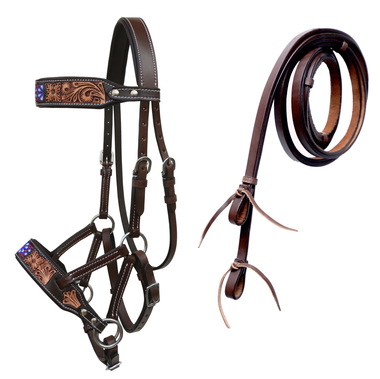 Pferd Western hellbraun Leder gepolstert gebisslos Training Sidepull Trense Zügel - Bild 17 von 48
