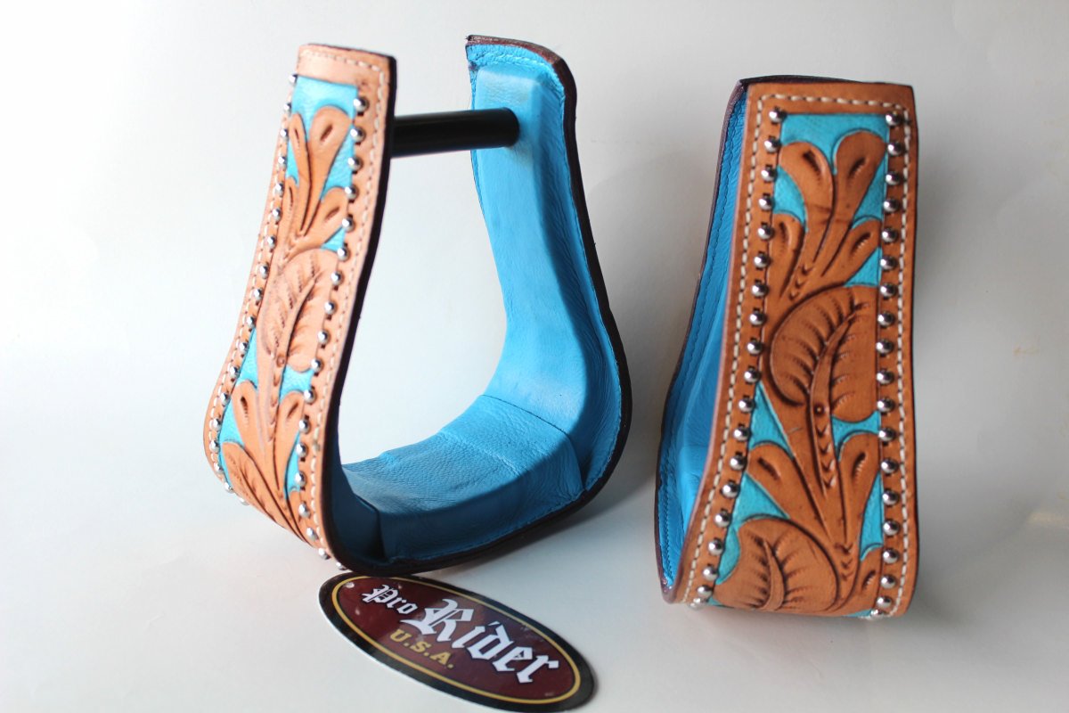 western show horse saddle stirrups stirrup turquoise carving tan