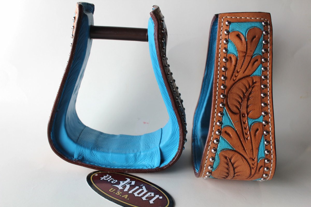western show horse saddle stirrups stirrup turquoise carving tan