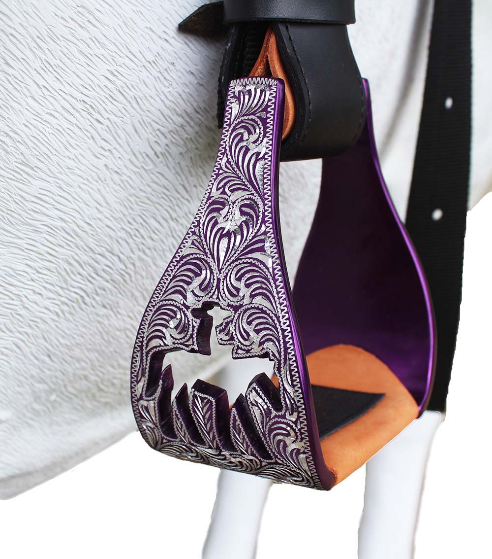 Horse Western Saddle Turquoise Aluminium Bell Engraved Cut-Out Stirrups 51146v - Picture 9 of 12