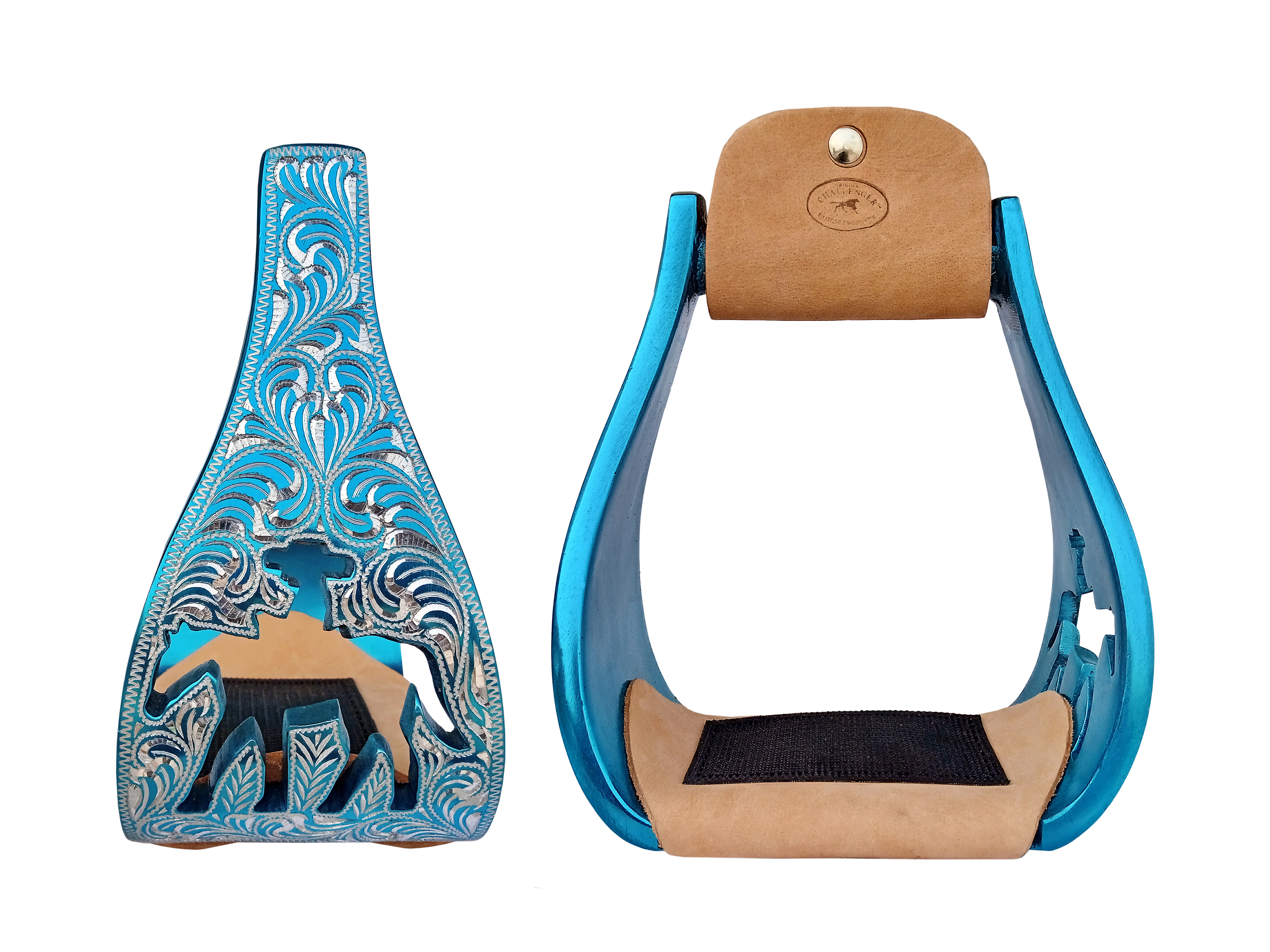 Horse Western Saddle Turquoise Aluminium Bell Engraved Cut-Out Stirrups 51146v - Picture 11 of 12