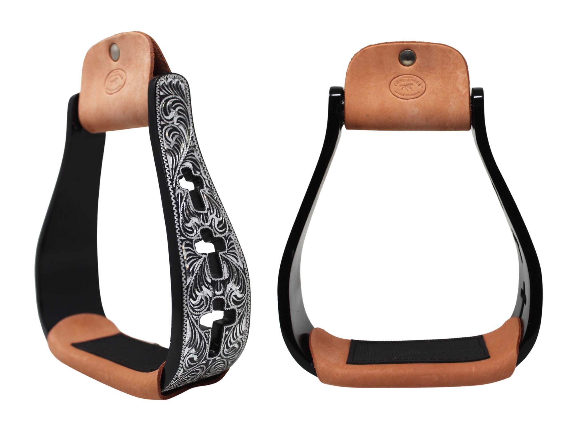 Western Show Pferdesattel Steigbügel Aluminium Leder Lauffläche Kreuz graviert 5145v - Bild 8 von 21