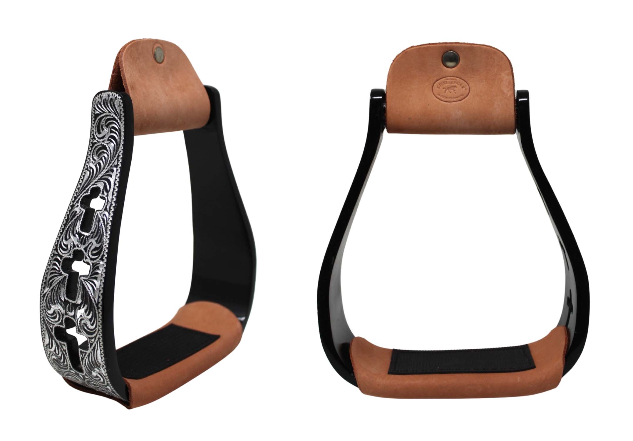 Western Show Pferdesattel Steigbügel Aluminium Leder Lauffläche Kreuz graviert 5145v - Bild 6 von 21