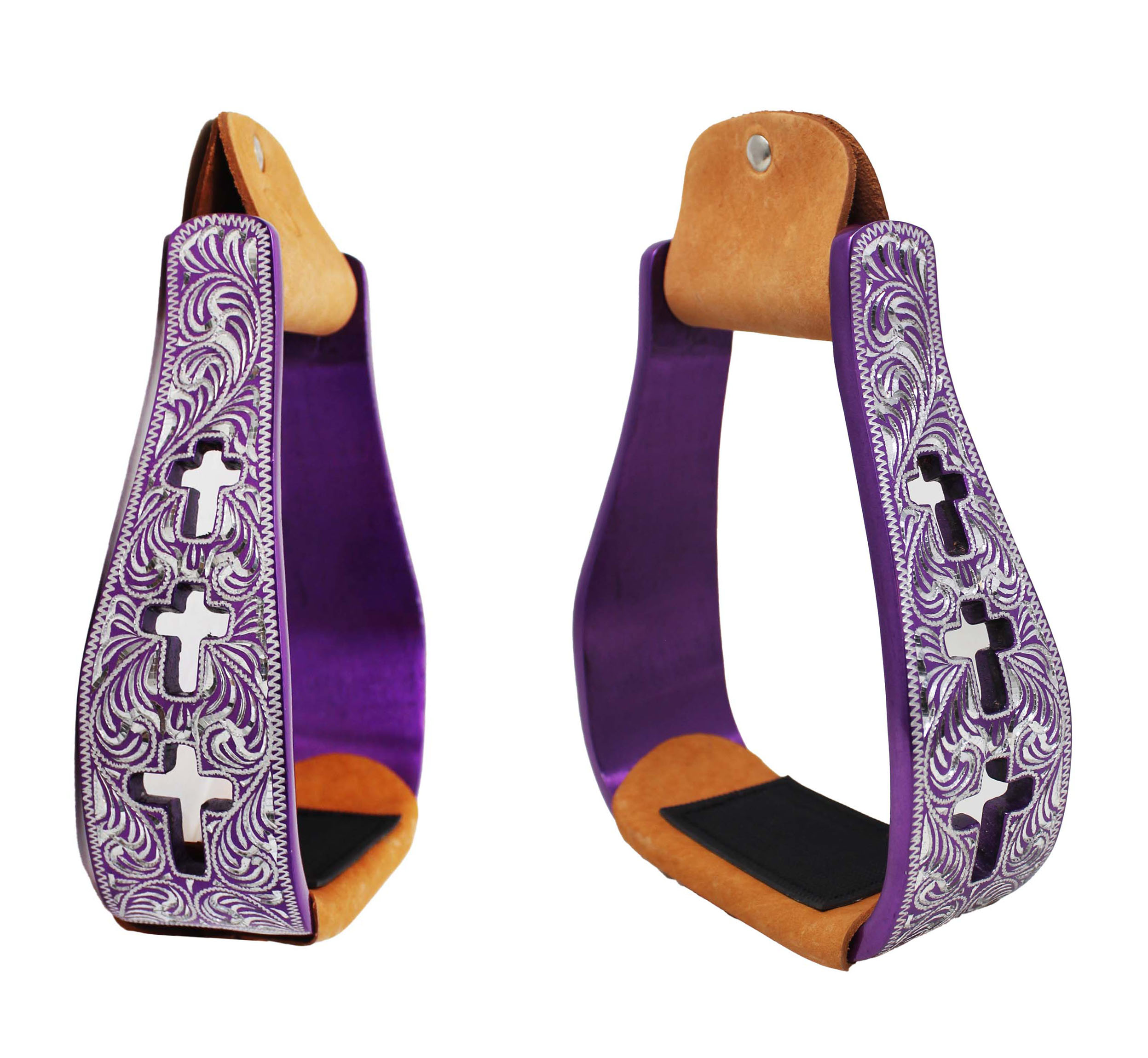 Western Show Pferdesattel Steigbügel Aluminium Leder Lauffläche Kreuz graviert 5145v - Bild 18 von 21