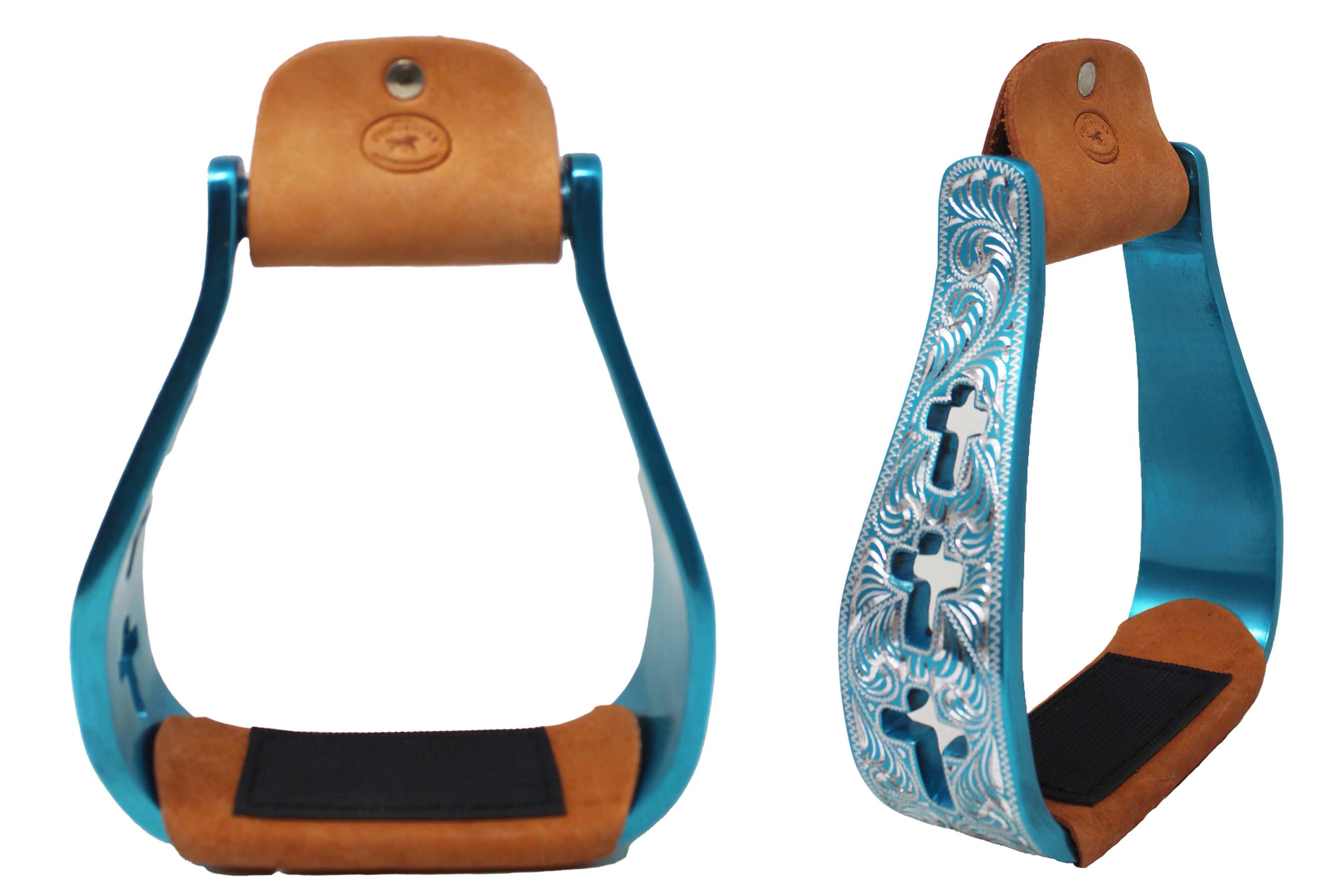 Western Show Pferdesattel Steigbügel Aluminium Leder Lauffläche Kreuz graviert 5145v - Bild 1 von 21